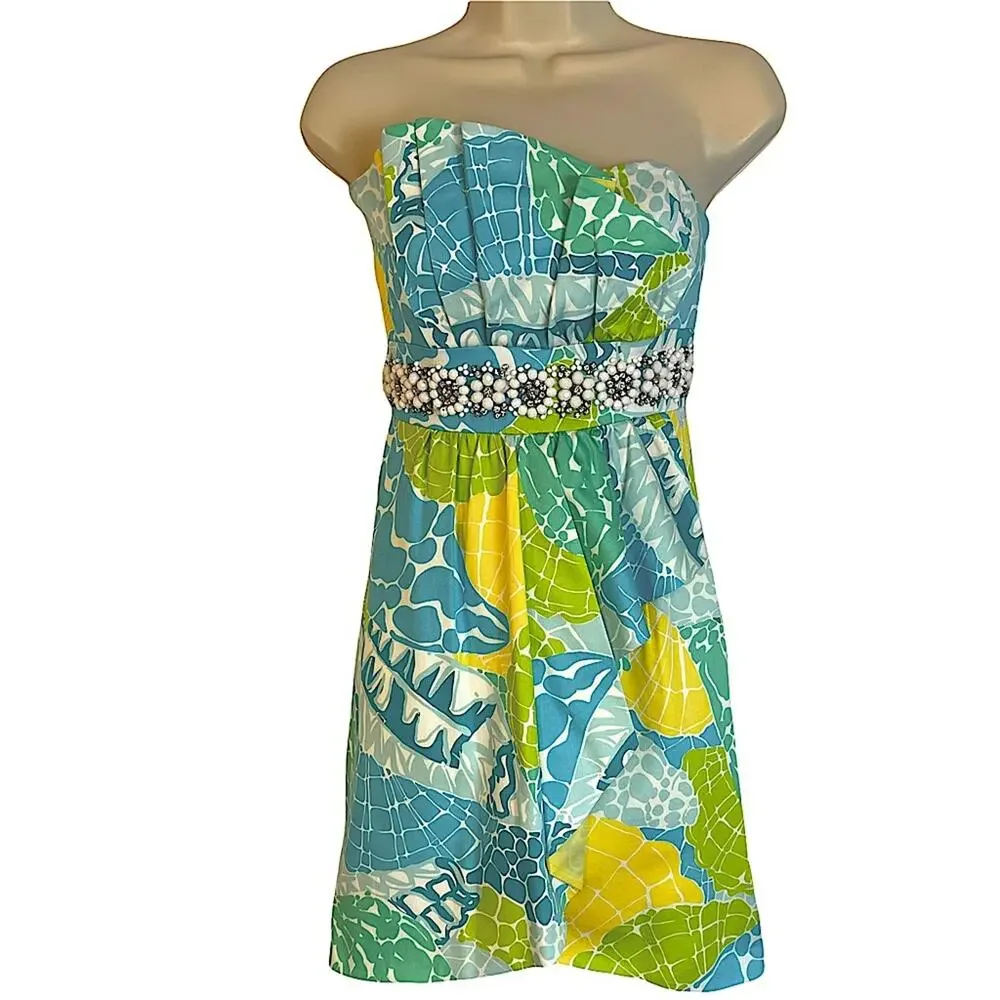 Lilly Pulitzer Crystal Strapless Dress Lagoon Blue Green Resort Wear Size 0 - Picture 3 of 10